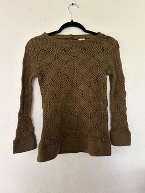 J. Crew Olive Openwork Knit Scoop-Neck Sweater